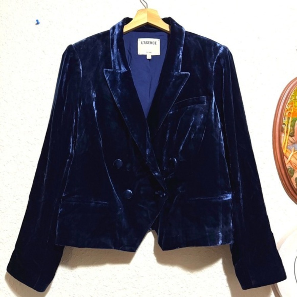 L'AGENCE Women's 16 Velvet crop Blazer Blue Viscose Silk Double Breasted Jacket